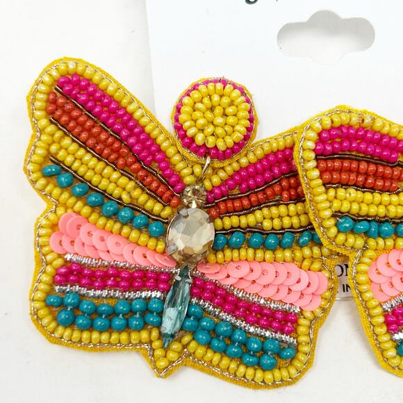 NWT Natasha Boho Hippie Sequin Rhinestone Beaded Butterfly Dangle Earrings - Picture 3 of 5